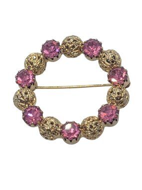 Gold Circle Brooch With Pink Rhinestones & Filigree Accents Vintage Elegant Pin